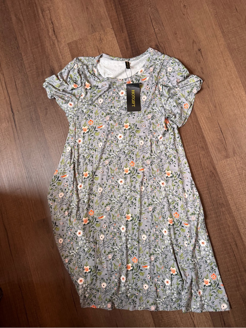 Floral Midi Dress in Light Gray with Orange Blooms